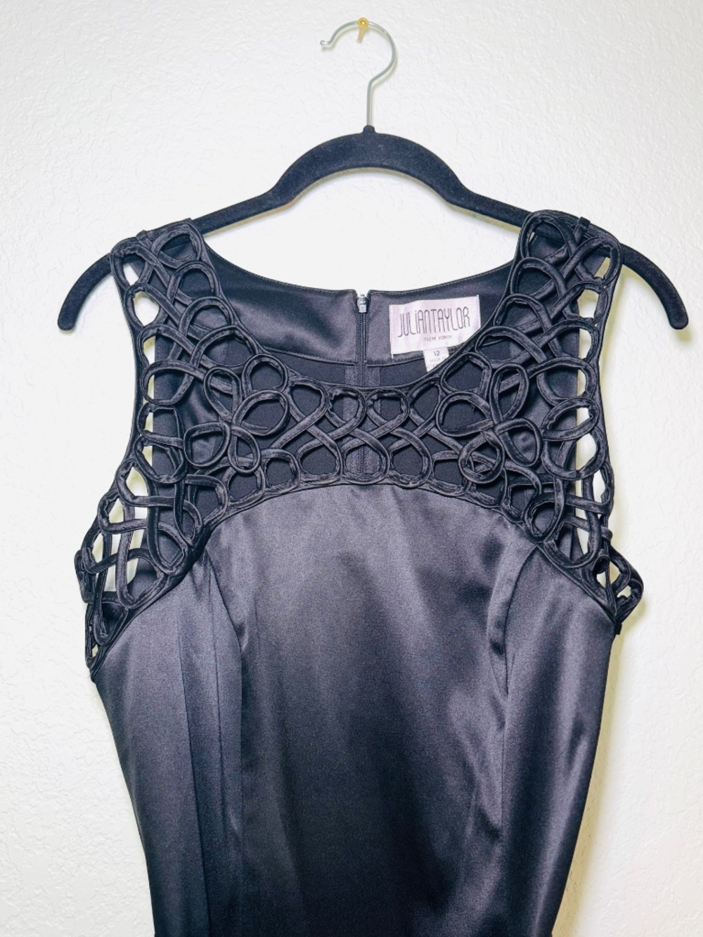 Julian Taylor Little Black Dress 12 Satin Macrame Neck Sophisticated 80s Costume